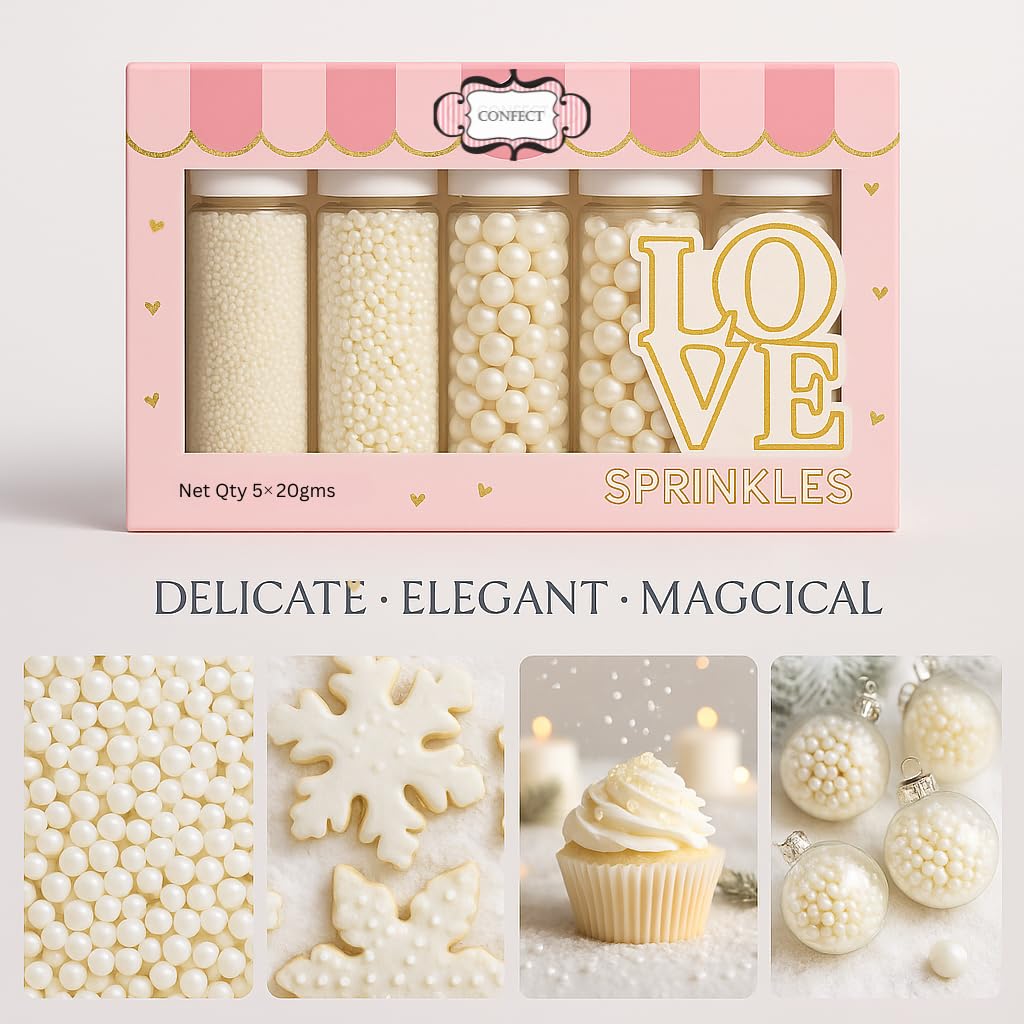 Confect White Sprinkles on cake detail for refined touches.