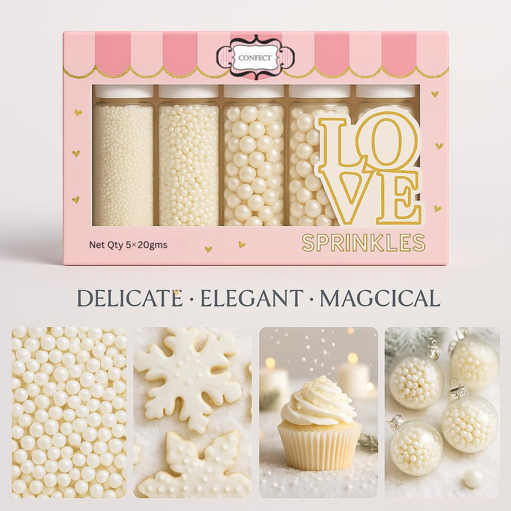 Confect White Sprinkles on cake detail for refined touches.