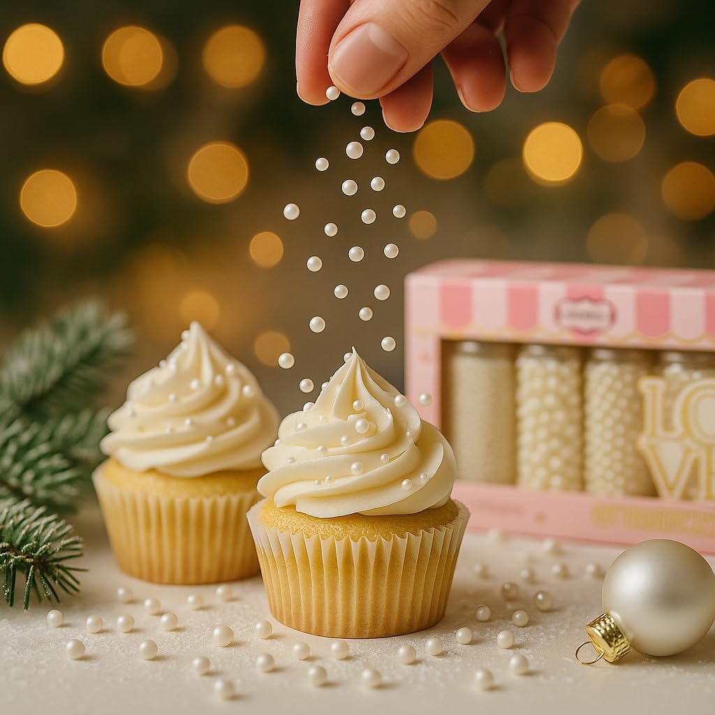 Confect White Sprinkles on cake frosting for a shimmering finish.