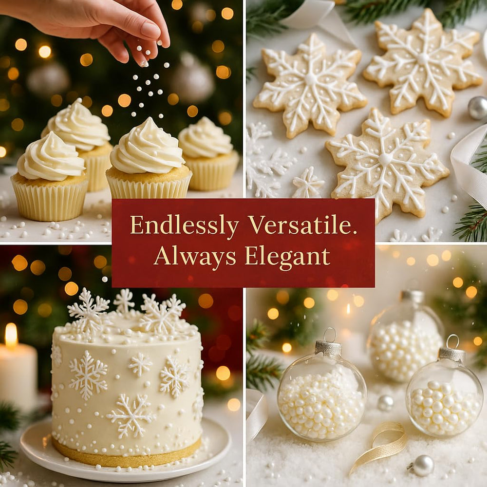 Confect White Sprinkles winter-themed decorations for desserts.