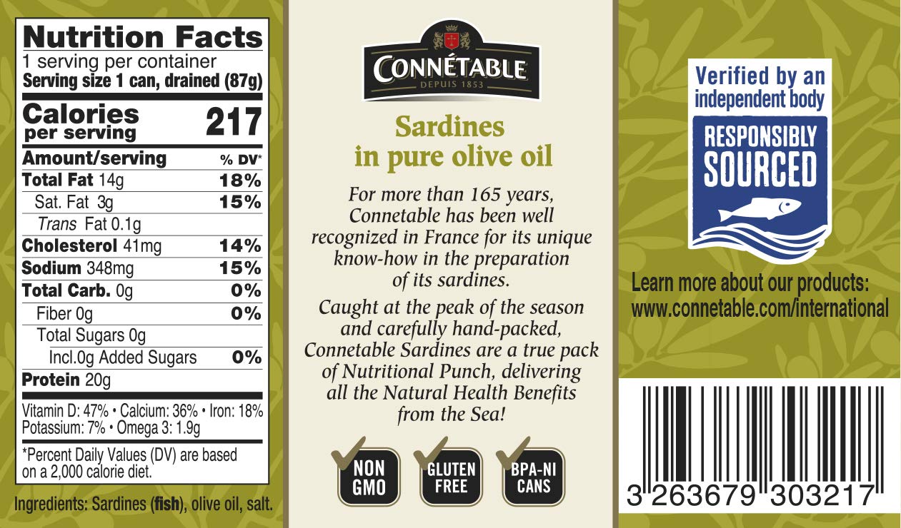 Connetable sardines close-up can in olive oil, showing quality packaging