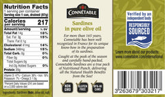 Connetable sardines close-up can in olive oil, showing quality packaging