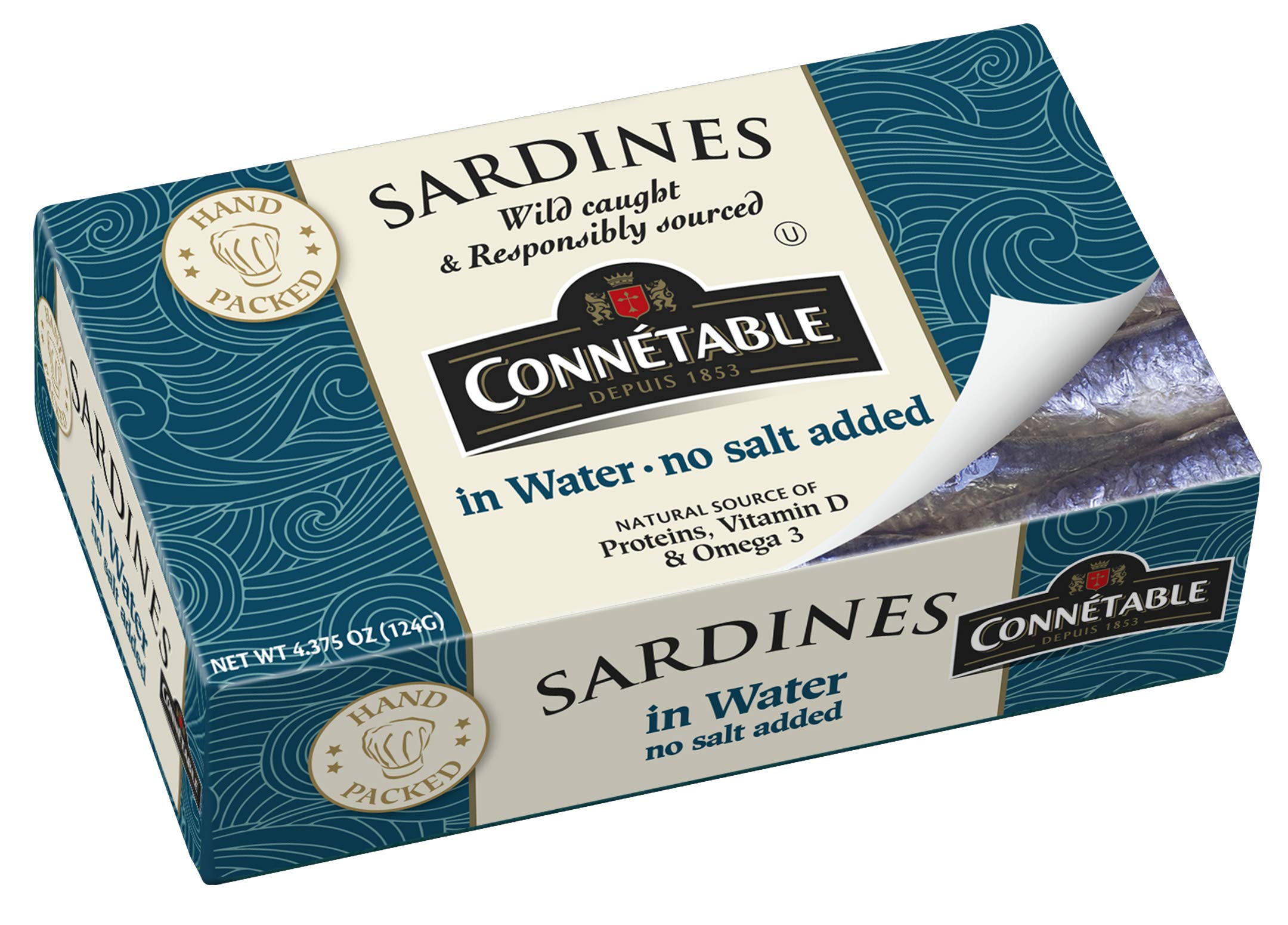 Connetable sardines in water can: protein-rich, no salt added.