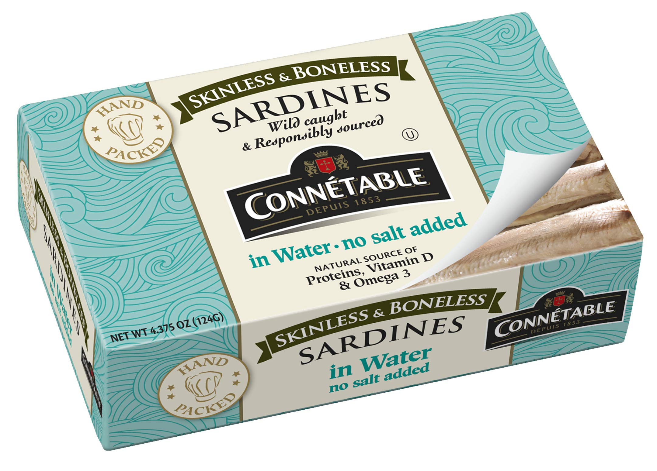 Connetable Sardines in Water pack highlights freshness and protein for a quick, healthy snack.