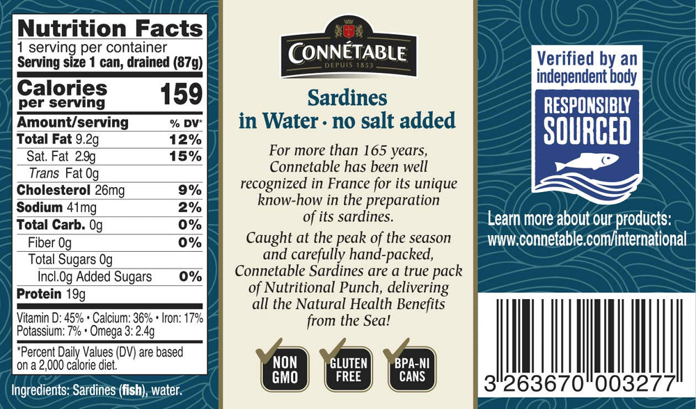 Connetable no salt-added label highlights responsible sourcing.