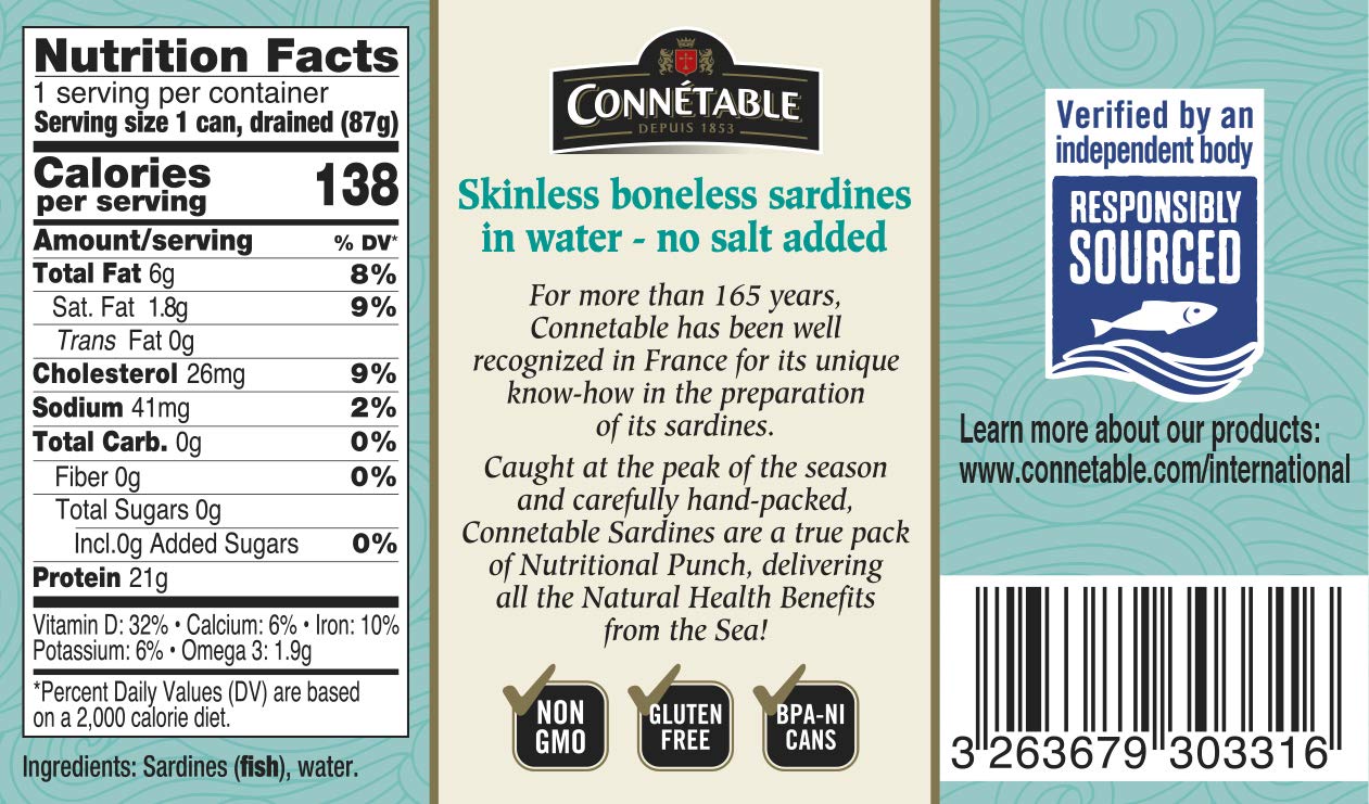 Connetable Sardines skinless and boneless emphasize easy prep and clean texture for pasta.