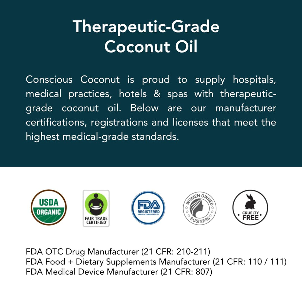 Conscious Coconut Farm Fresh badge emphasizes quick oil extraction.