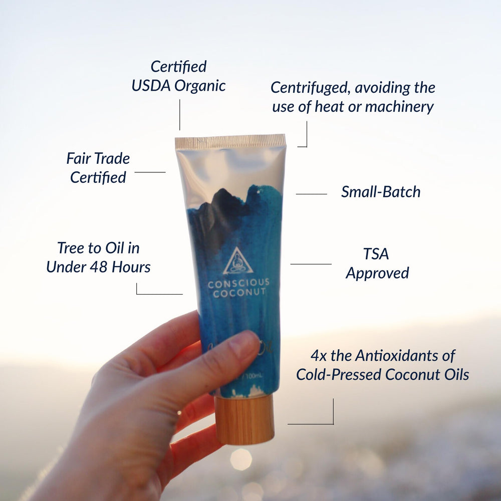 Conscious Coconut raw oil in tube ready for skin and hair care on the move.