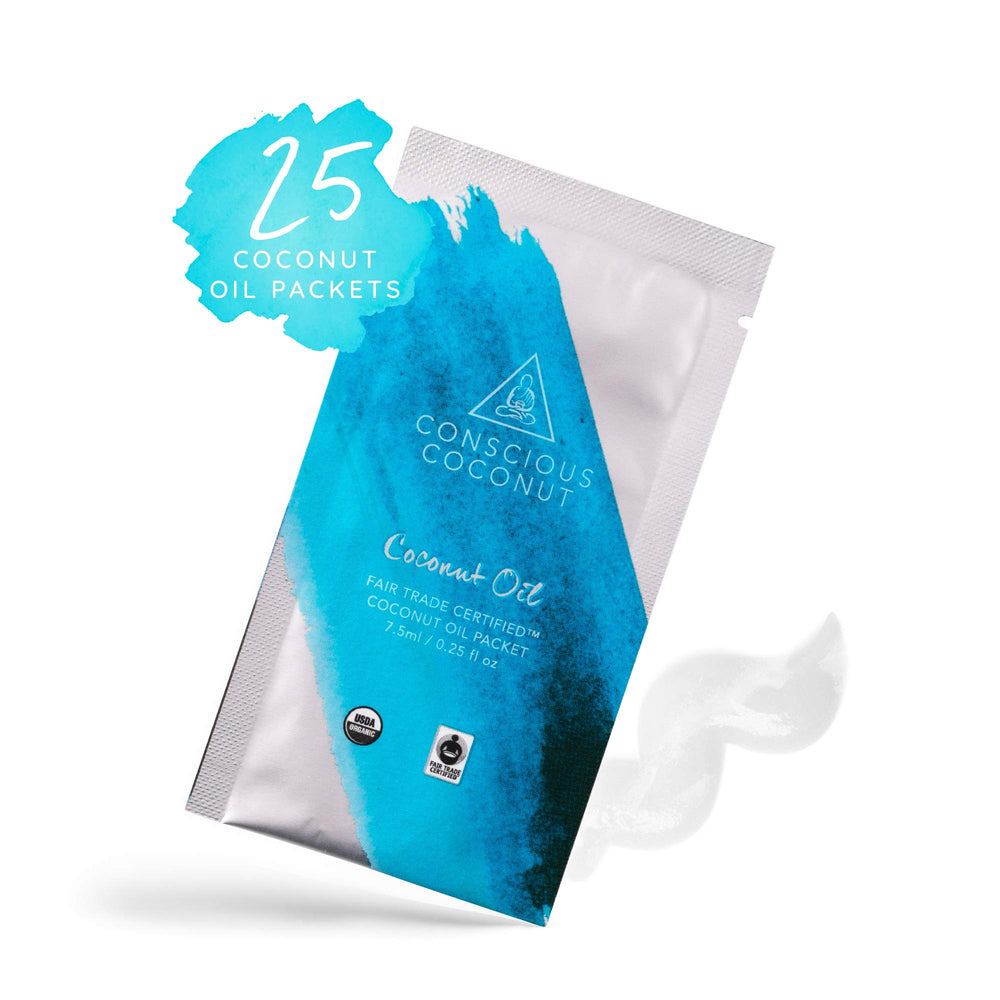 Conscious Coconut virgin coconut oil packet — portable, non-greasy hydration for skin and hair.