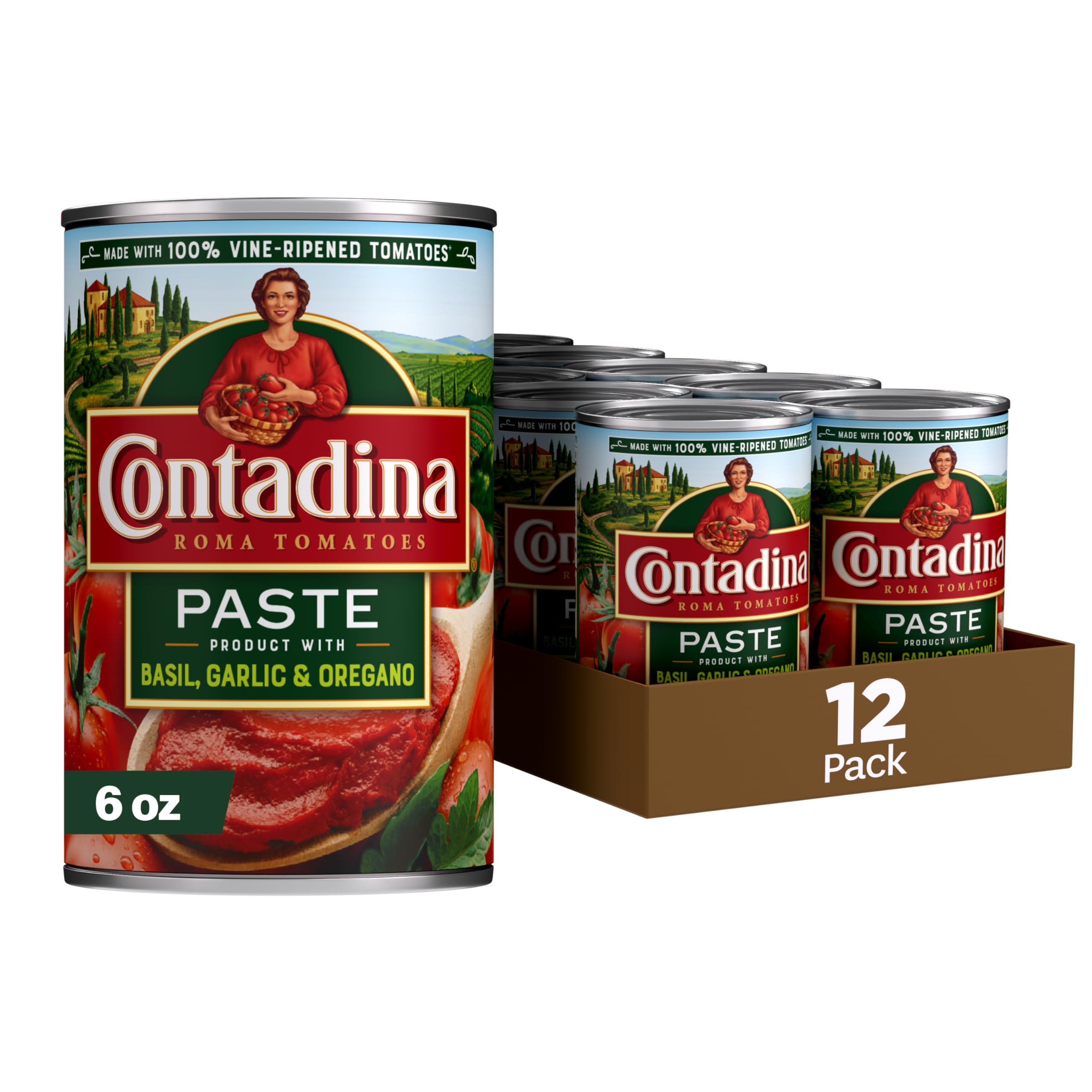Contadina tomato paste with Italian herbs label close-up highlighting robust flavor.