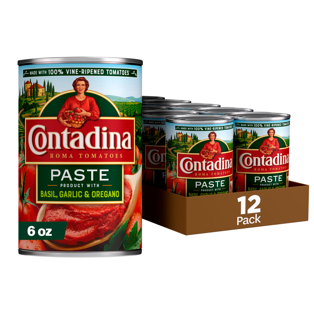 Contadina tomato paste with Italian herbs label close-up highlighting robust flavor.