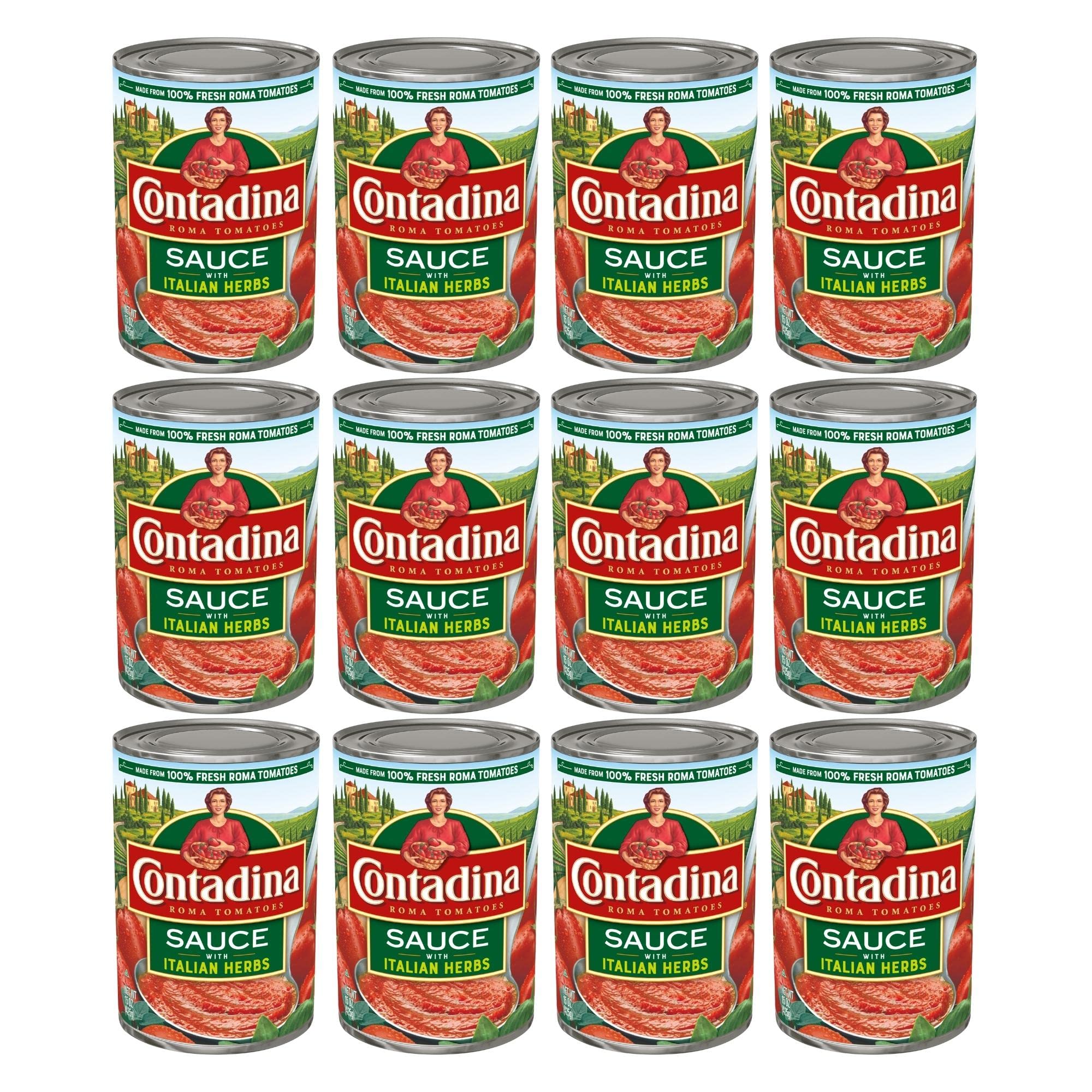 Contadina Tomato Sauce with Italian Herbs label close-up highlighting authentic flavor