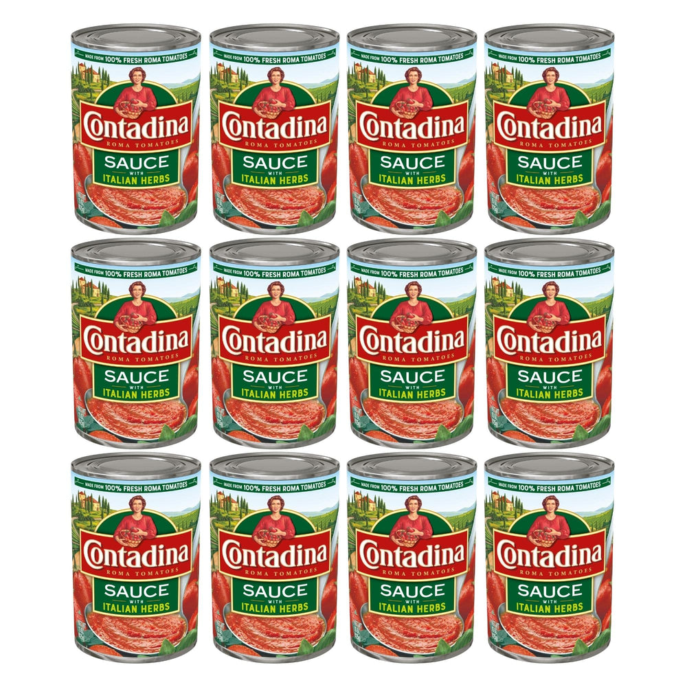 Contadina Tomato Sauce with Italian Herbs label close-up highlighting authentic flavor