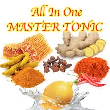 Content Household Master Tonic label close-up highlighting ingredients and flavor.