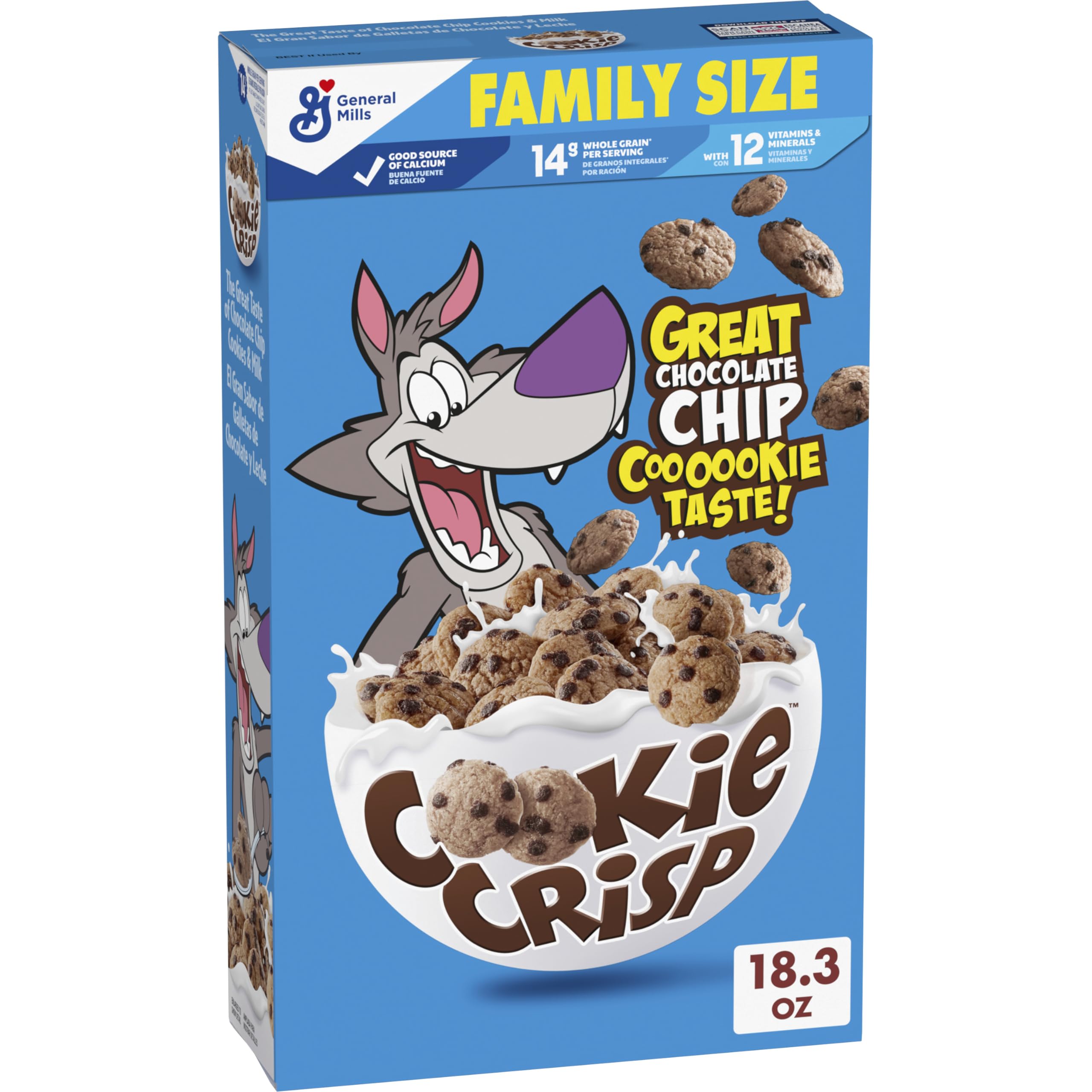Cookie Crisp breakfast cereal with chocolate chip pieces in a bowl ready with milk.