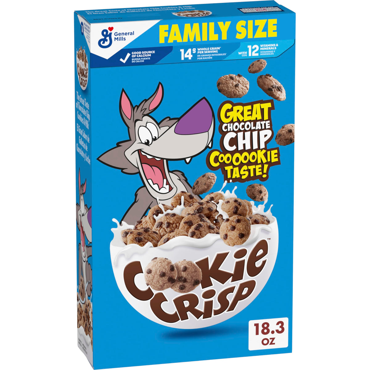 Cookie Crisp breakfast cereal with chocolate chip pieces in a bowl ready with milk.