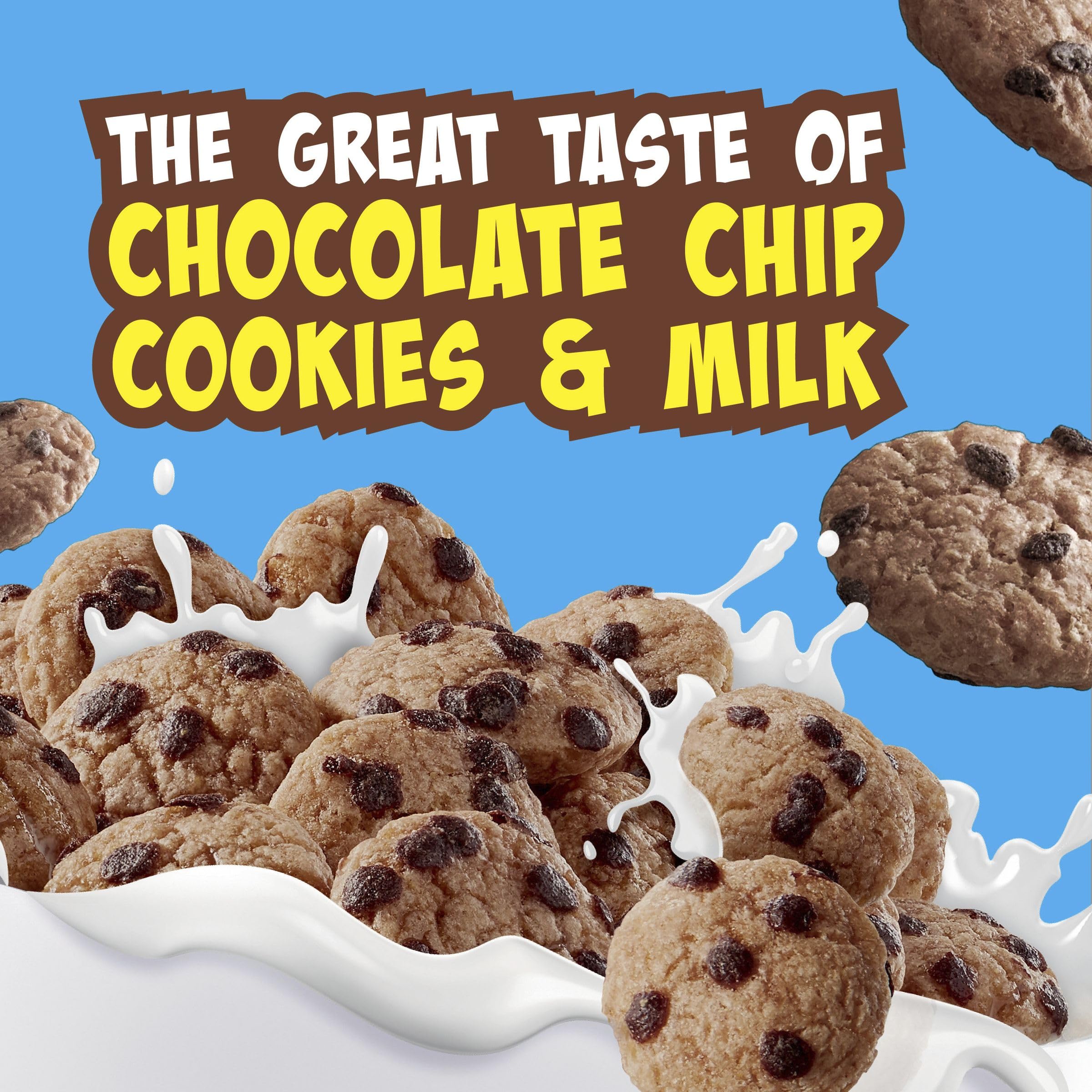 Cookie Crisp close-up with chocolate chips highlights kid-friendly texture.