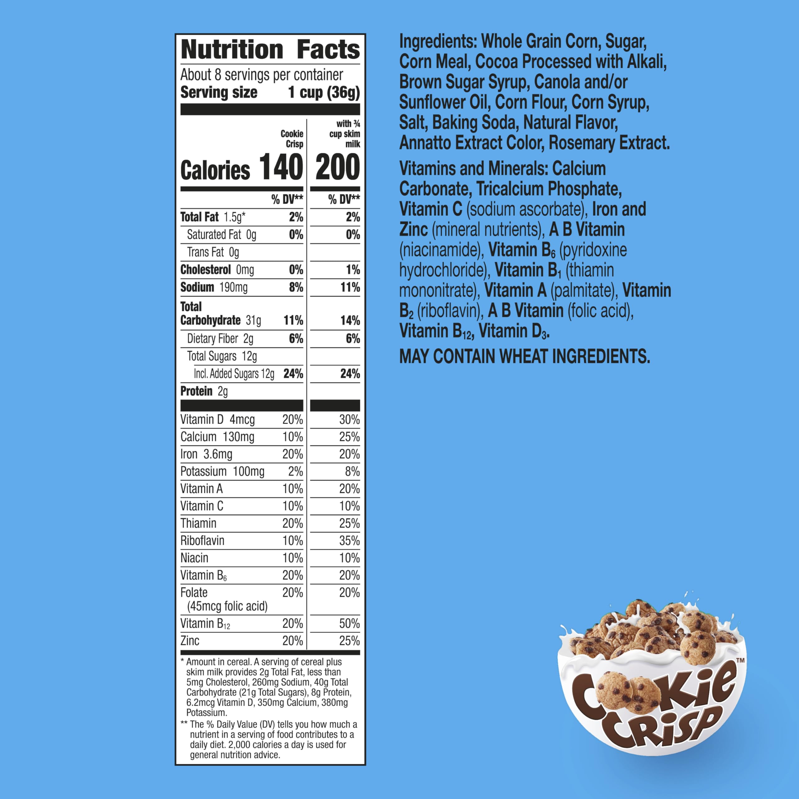 Cookie Crisp cereal in milk showcases chocolate chip flavor at breakfast.