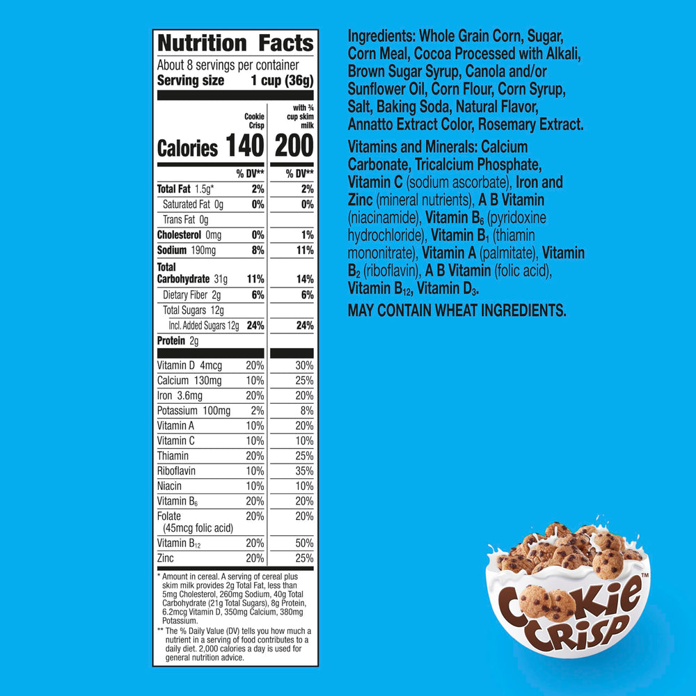 Cookie Crisp cereal in milk showcases chocolate chip flavor at breakfast.