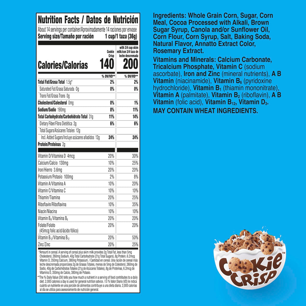 Cookie Crisp mini-cookie shaped cereal pieces for a playful breakfast texture.