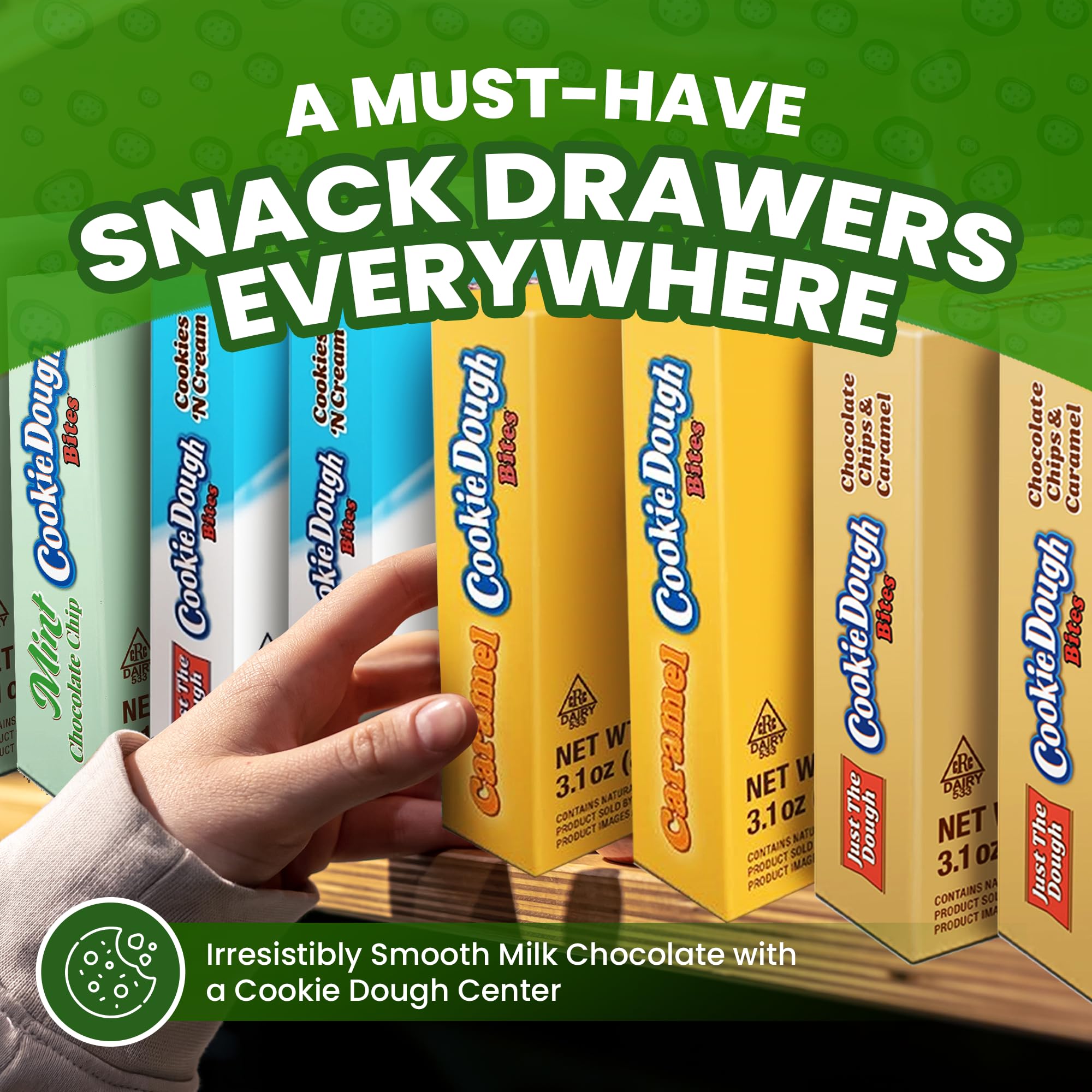 Cookie Dough Bites 3-pack packaging displayed, showcasing shareable portions.