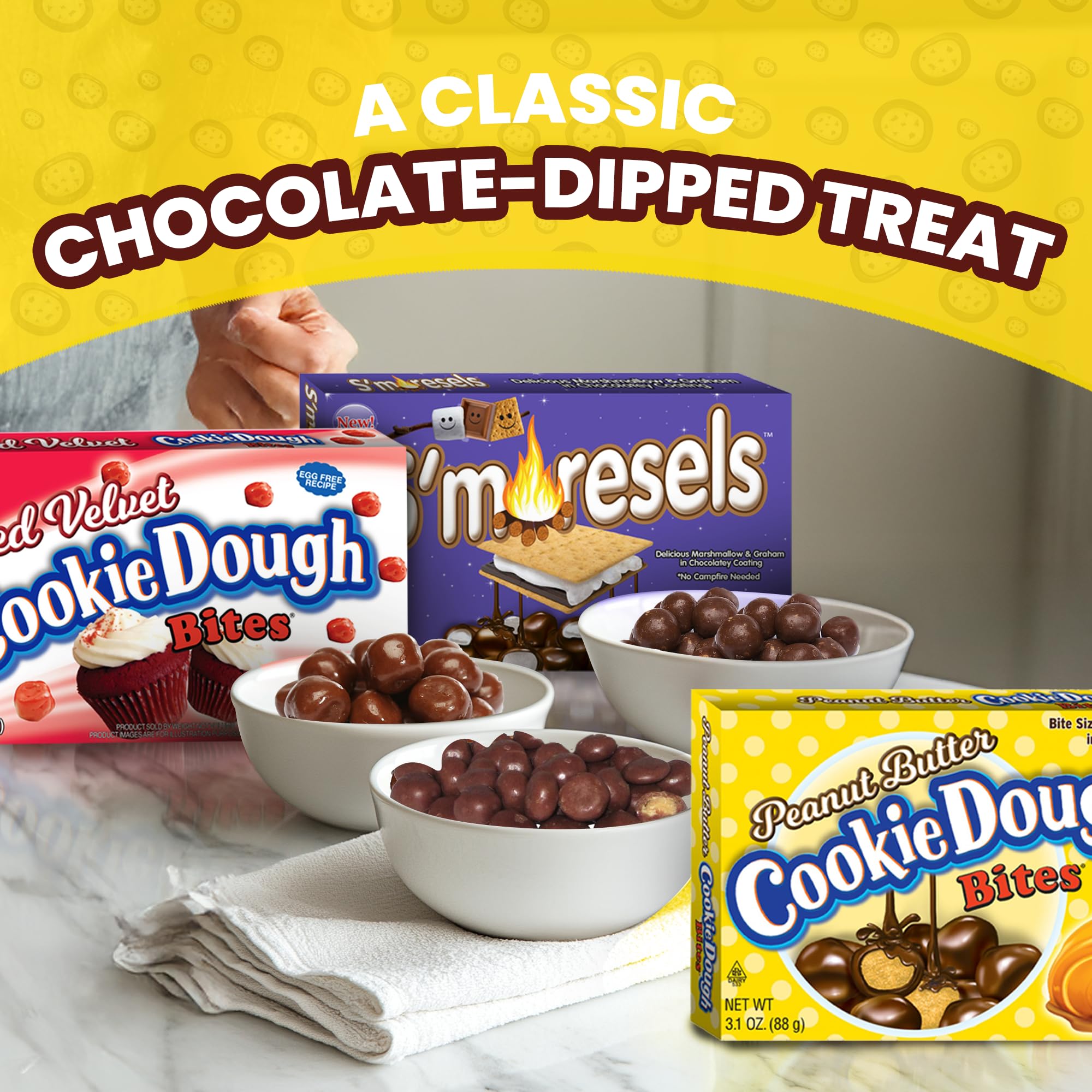 Cookie Dough Bites ready for movie night, served in convenient bite-sized pieces.