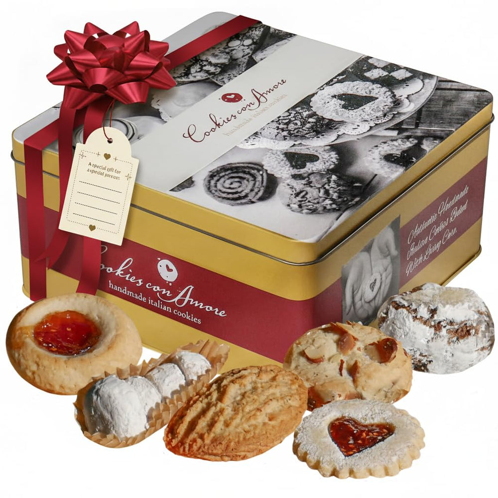 Cookies Con Amore assorted tin packaging presents a premium gift for special occasions.