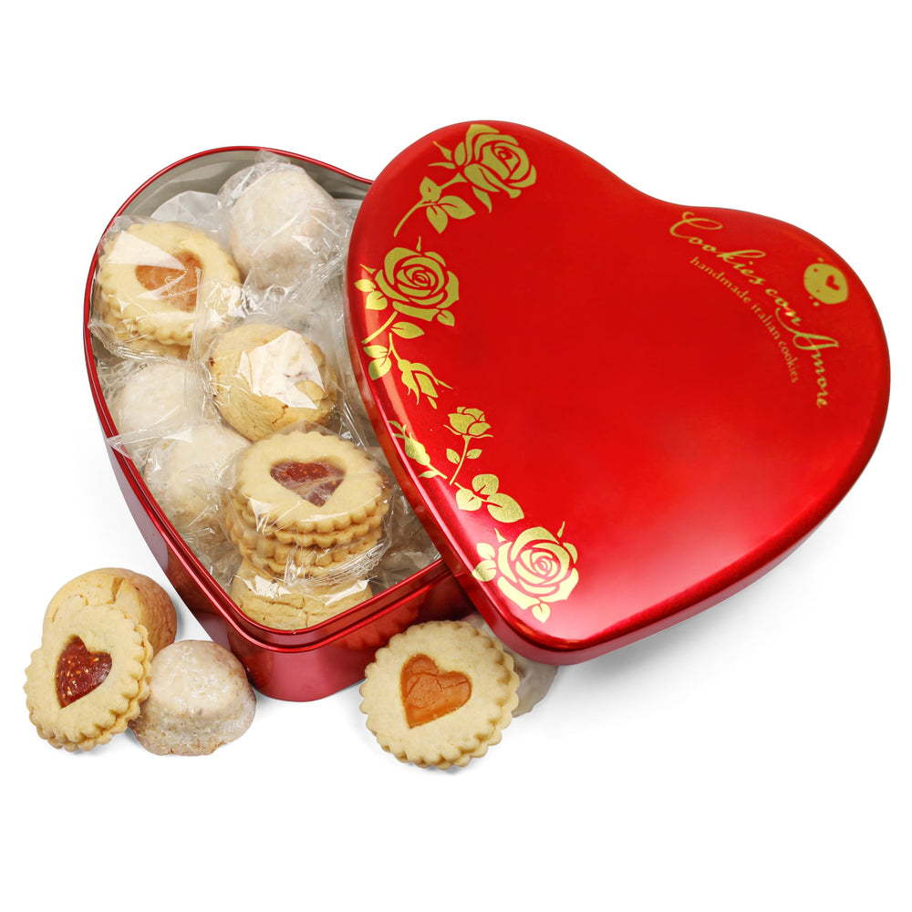 Cookies Con Amore red heart tin packaging, ideal gift-ready presentation for Valentines Day
