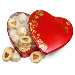 Cookies Con Amore red heart tin packaging, ideal gift-ready presentation for Valentines Day