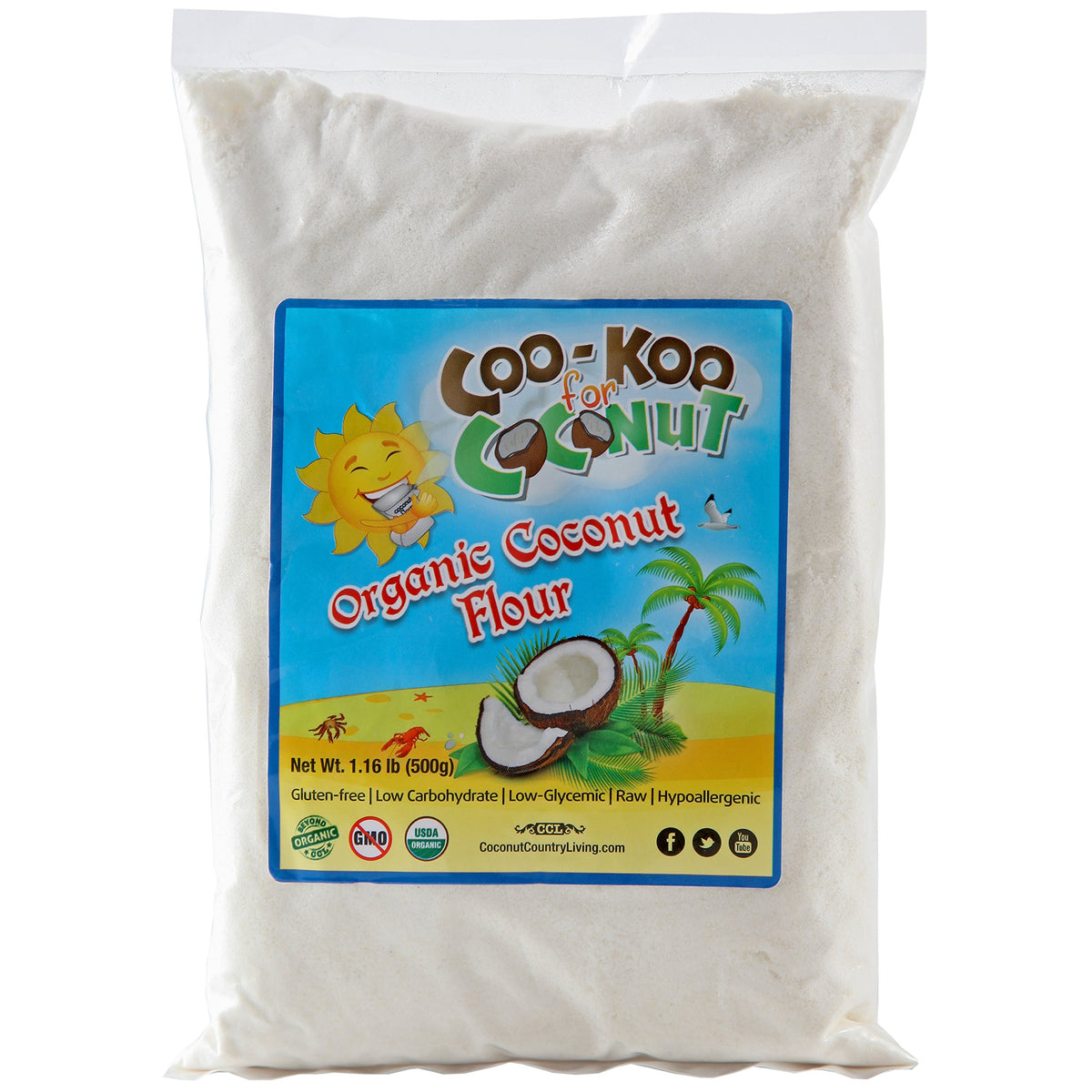 Cookoo for Coconut coconut flour bag highlighting gluten-free, high-fiber baking option.