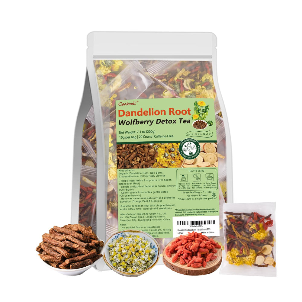 Cookools Dandelion Root Wolfberry Tea packaging shows a caffeine-free herbal blend for daily wellness.