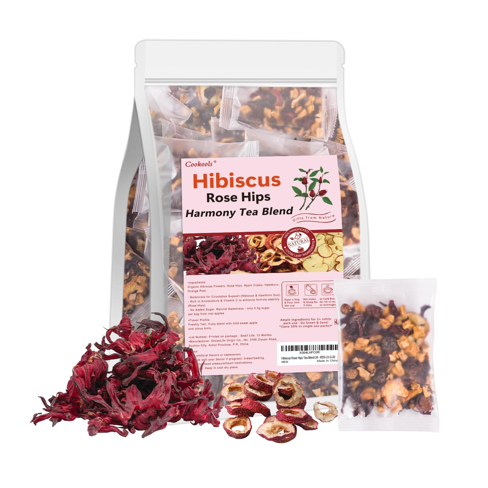 Cookools Hibiscus Rose Hips Tea packet ready for brewing, daily vitality support.