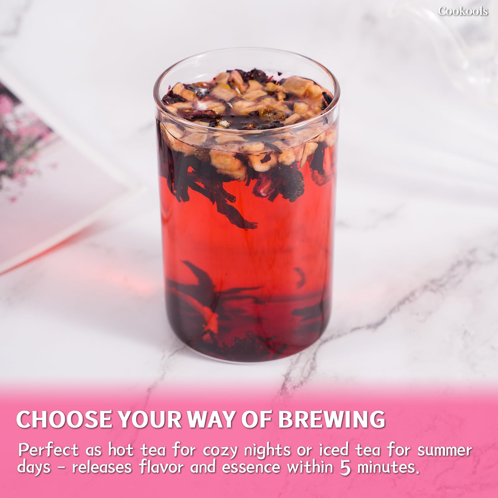 Cookools Hibiscus Rose Hips Tea ready-to-pour cup inviting a soothing ritual.