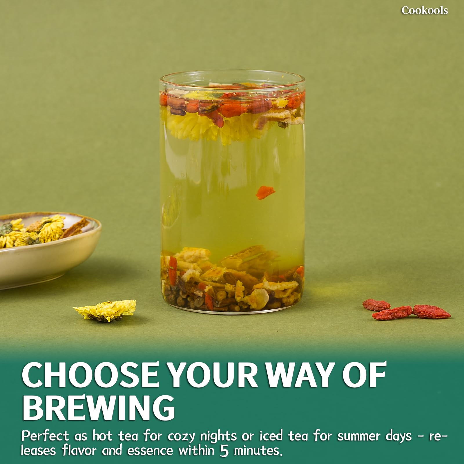 Brewing Cookools Dandelion Root Wolfberry Tea in a warm cup for a soothing ritual.