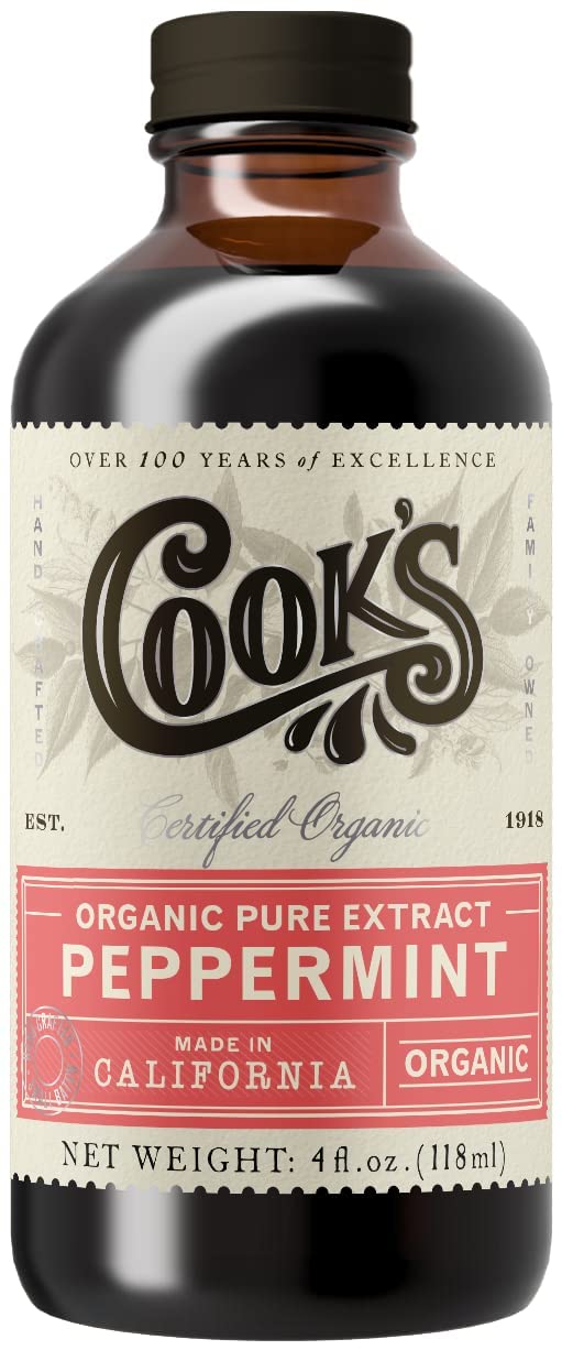 Cook's Organic Peppermint Extract bottle close-up for vibrant dessert flavor