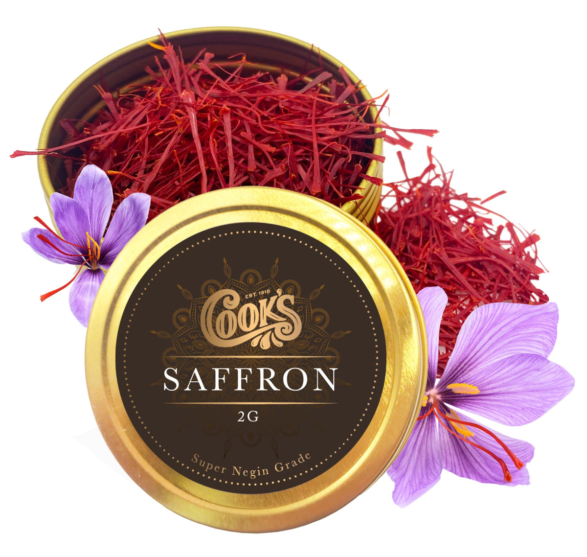Cook's premium negin saffron threads on a tray show deep red color for vibrant dishes.