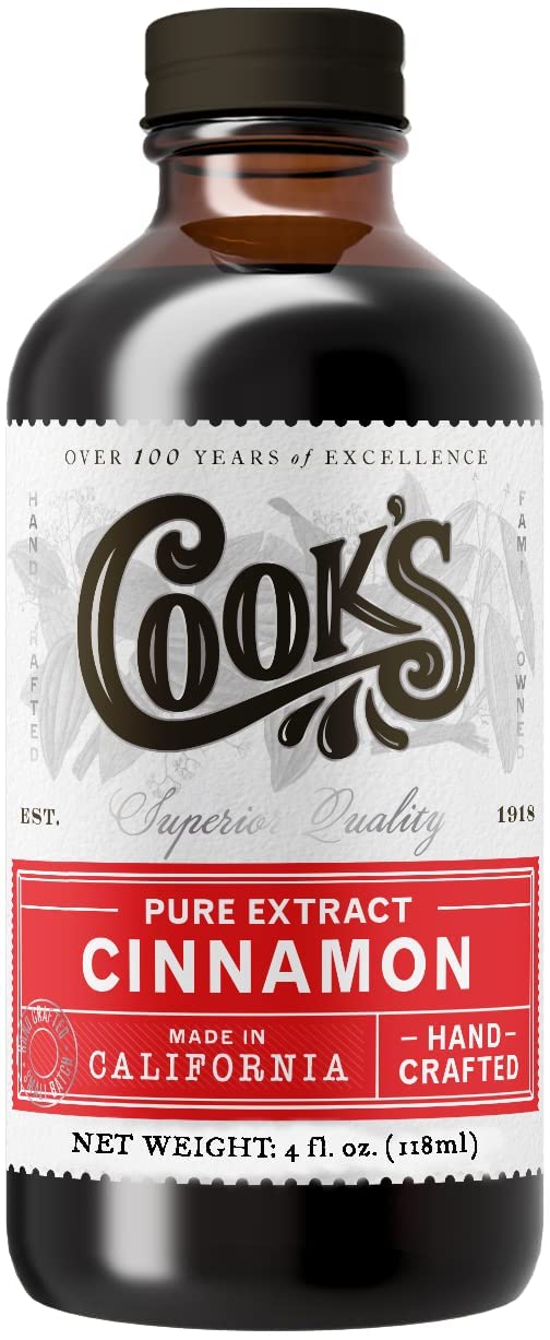Cook's Pure Cinnamon Extract bottle showcases premium quality for baking and beverages.