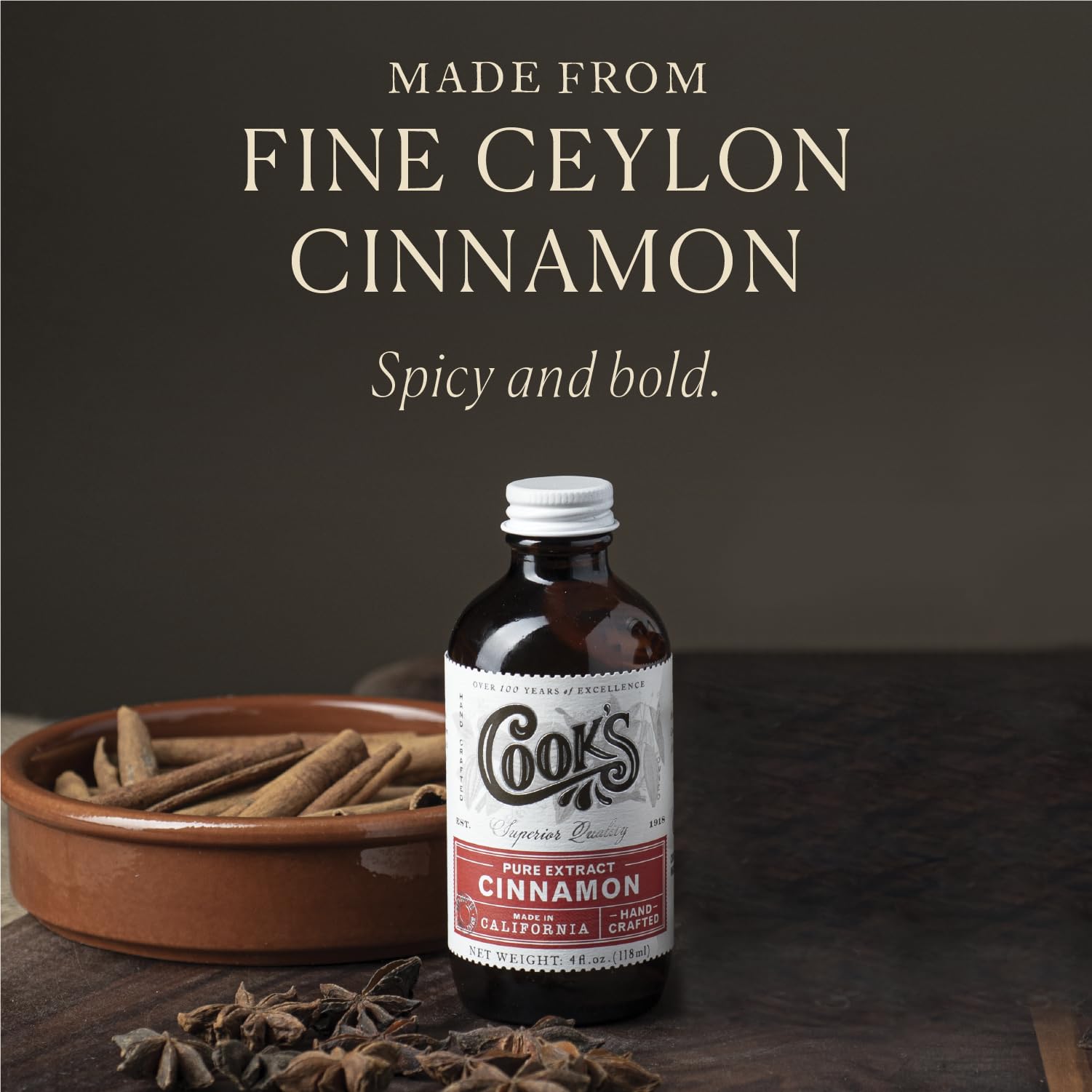 Pour-ready Cook's Pure Cinnamon Extract for tea and beverages.