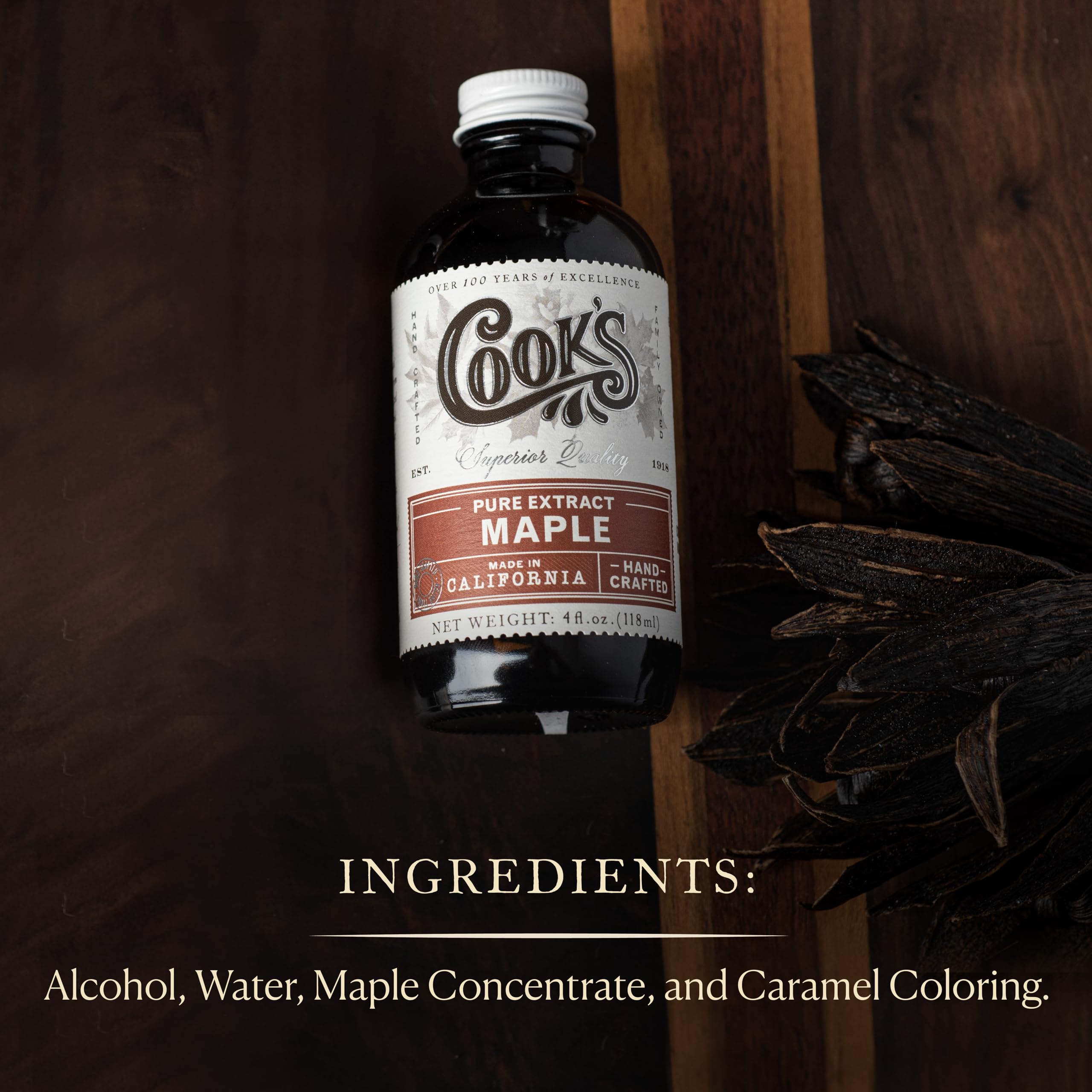 Cook's Pure Maple Extract 8oz glass bottle highlights premium Vermont flavor