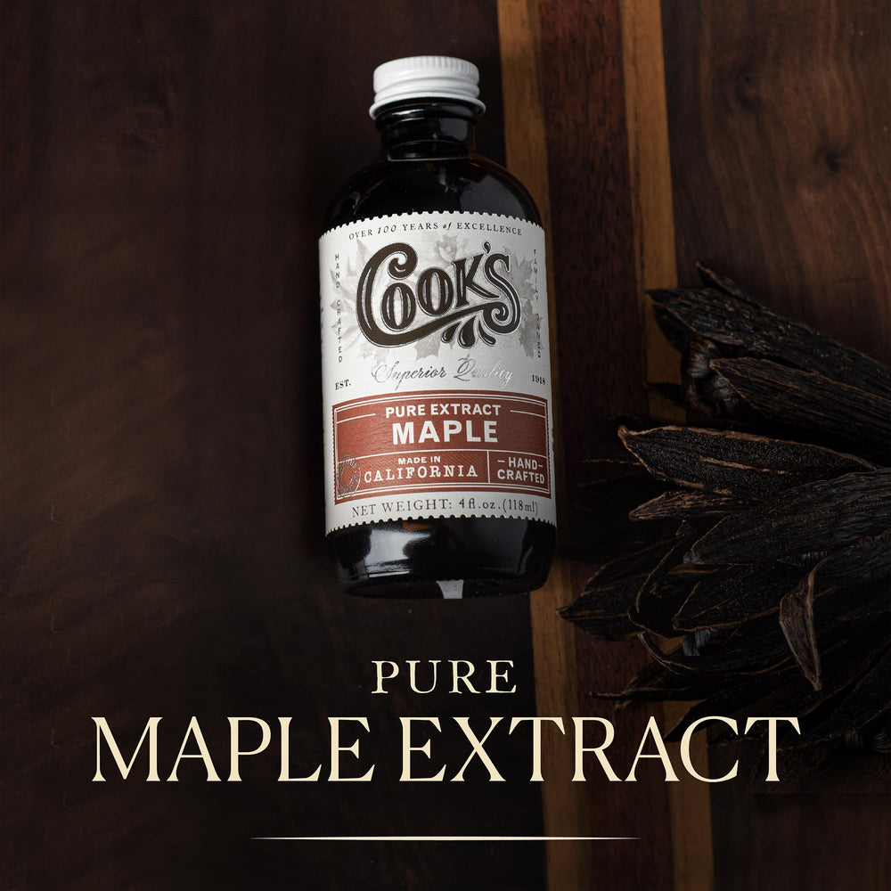 Cook's Pure Maple Extract label detail shows authentic ingredients