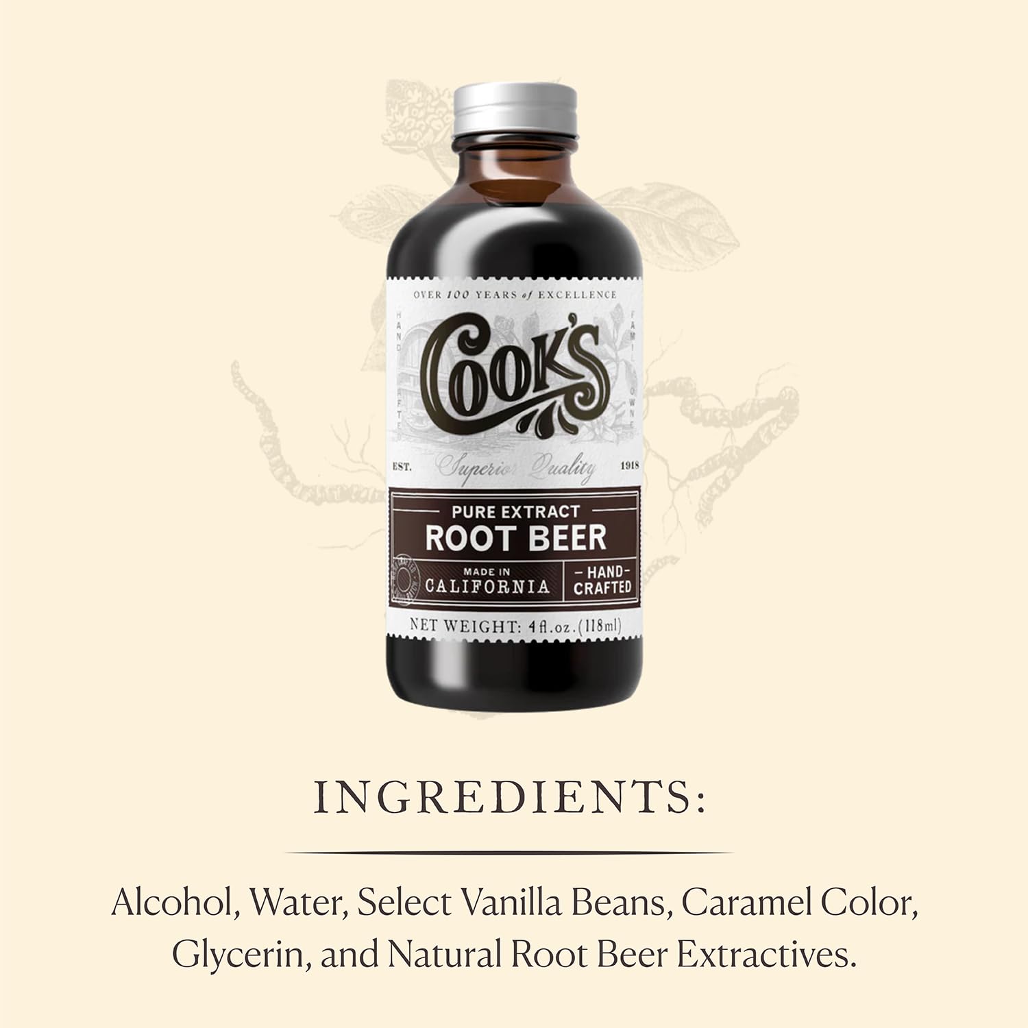 Cook's Root Beer Extract label close-up highlighting natural ingredients and gluten-free appeal.