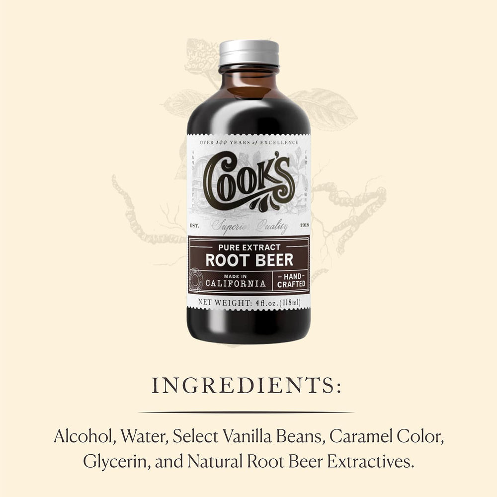 Cook's Root Beer Extract label close-up highlighting natural ingredients and gluten-free appeal.