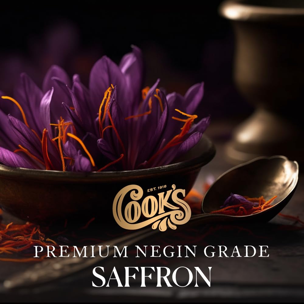 Close-up of Cook's saffron threads, hand-harvested quality for pure aroma in cooking.