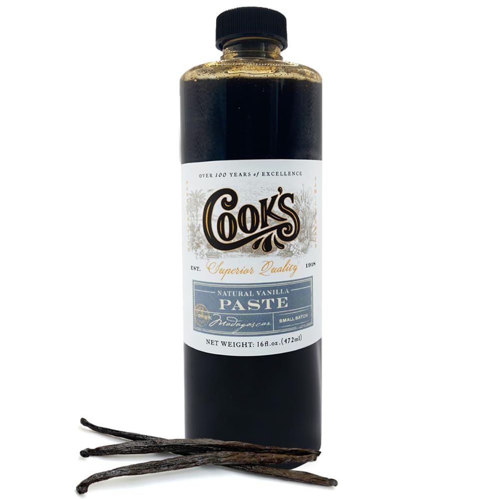 Cook's Vanilla Paste bottle shows real vanilla seeds for vivid baking flavor.