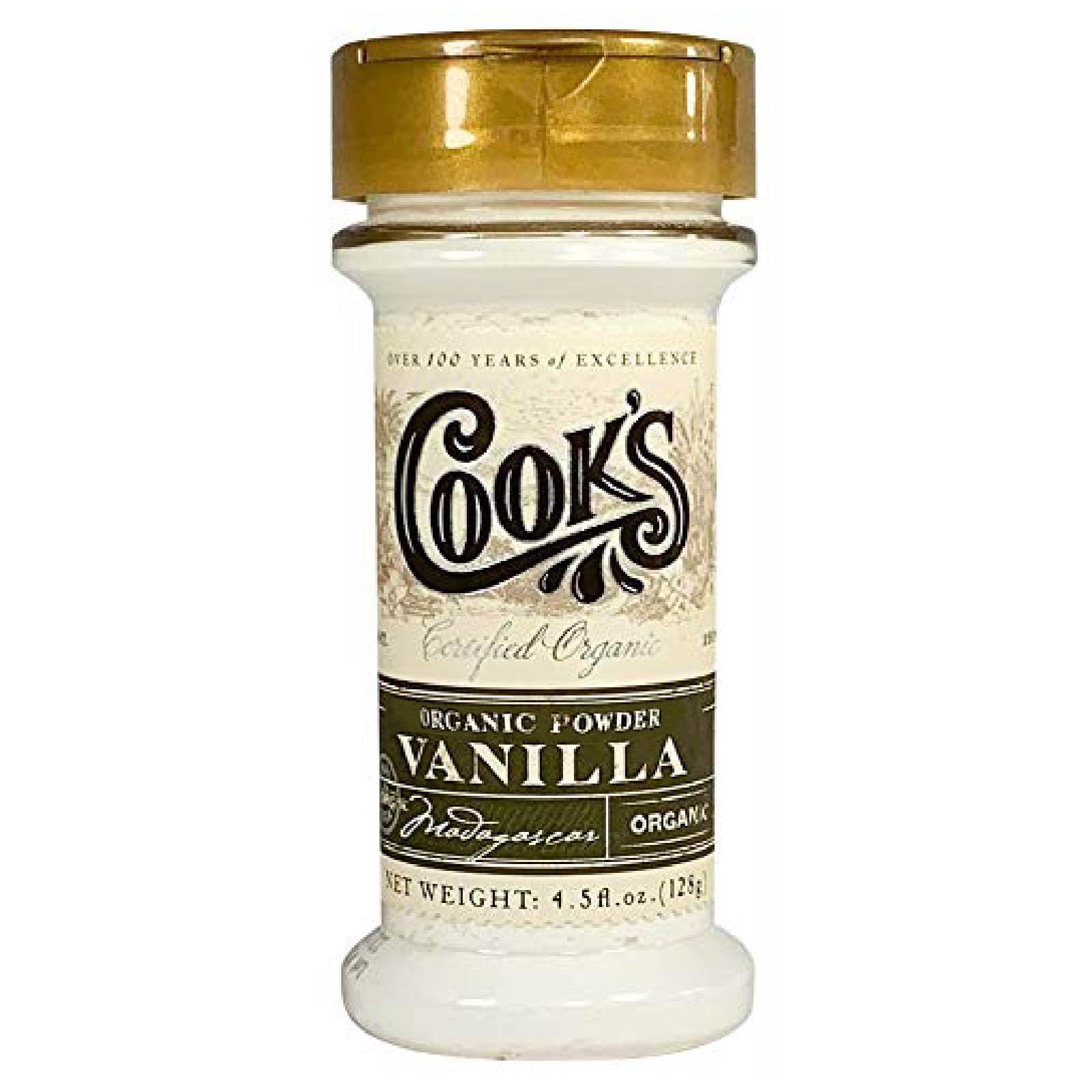 Cook's Vanilla Powder jar highlighting premium aroma for baking and beverages.