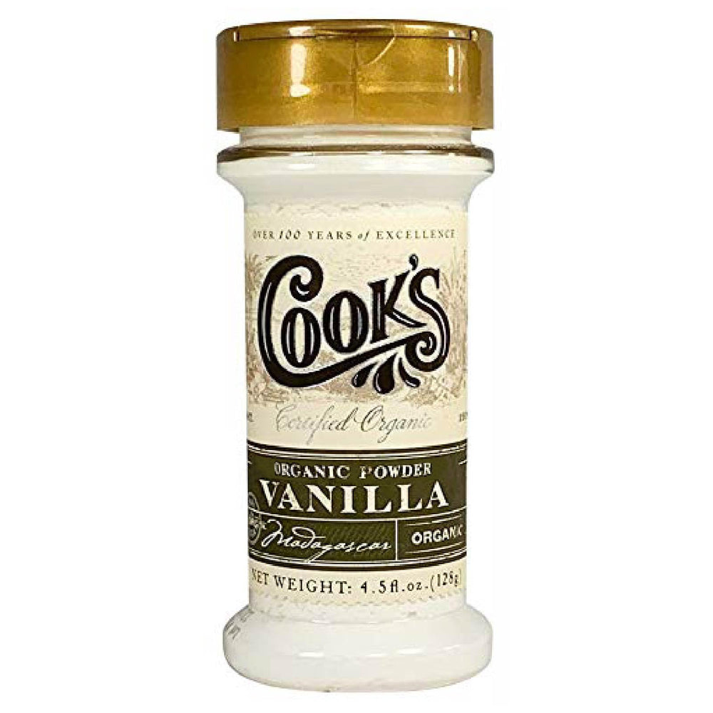 Cook's Vanilla Powder jar highlighting premium aroma for baking and beverages.