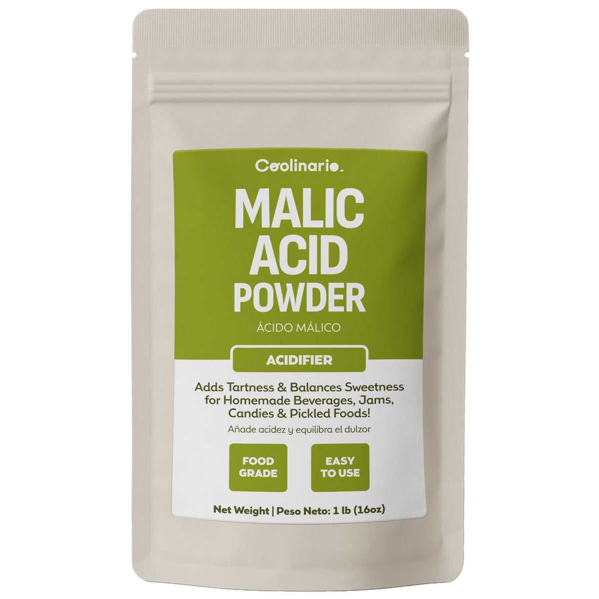 Coolinario Malic Acid Powder bottle pour shows easy dosing for tart beverage enhancement.