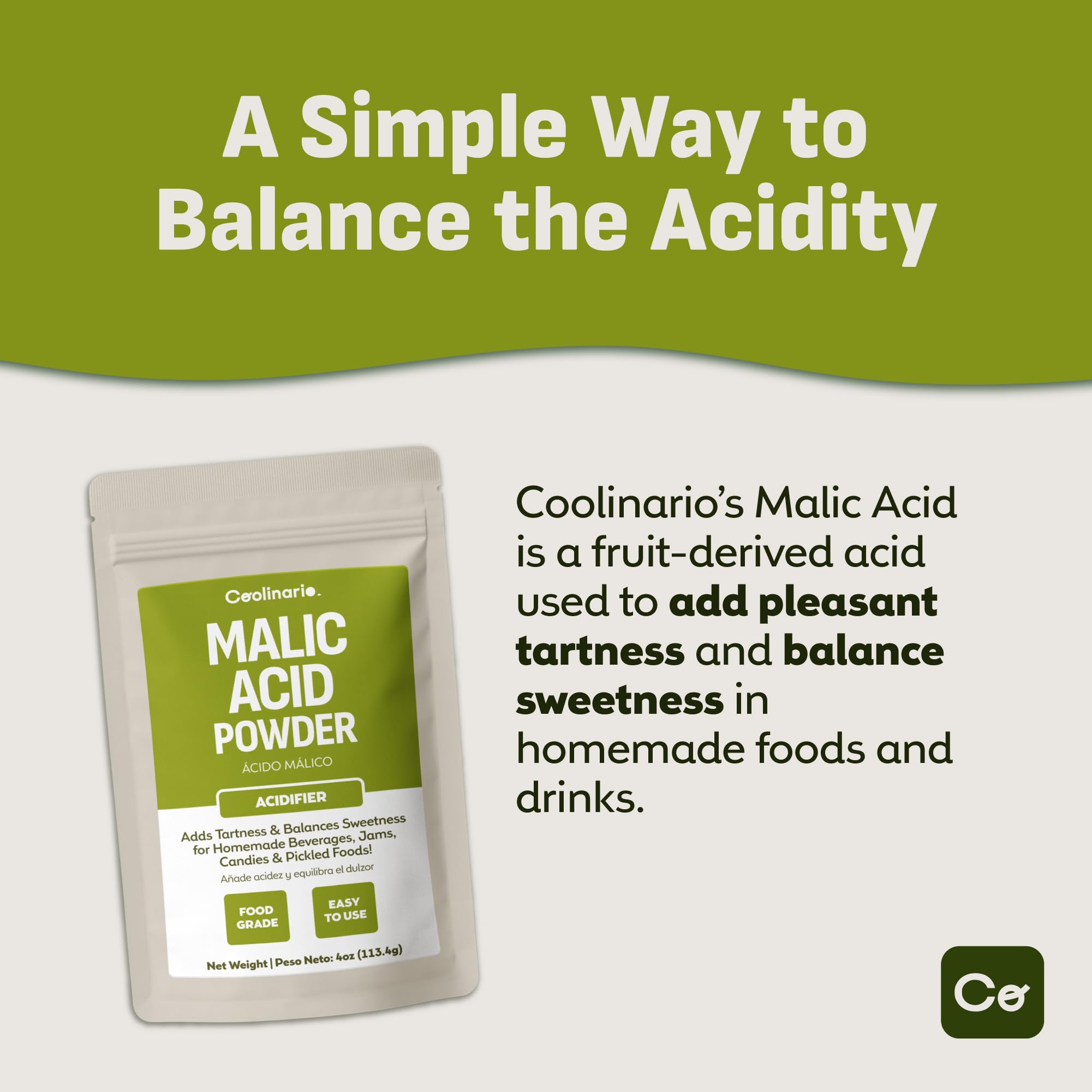 Coolinario Malic Acid Powder jar ready for pantry use