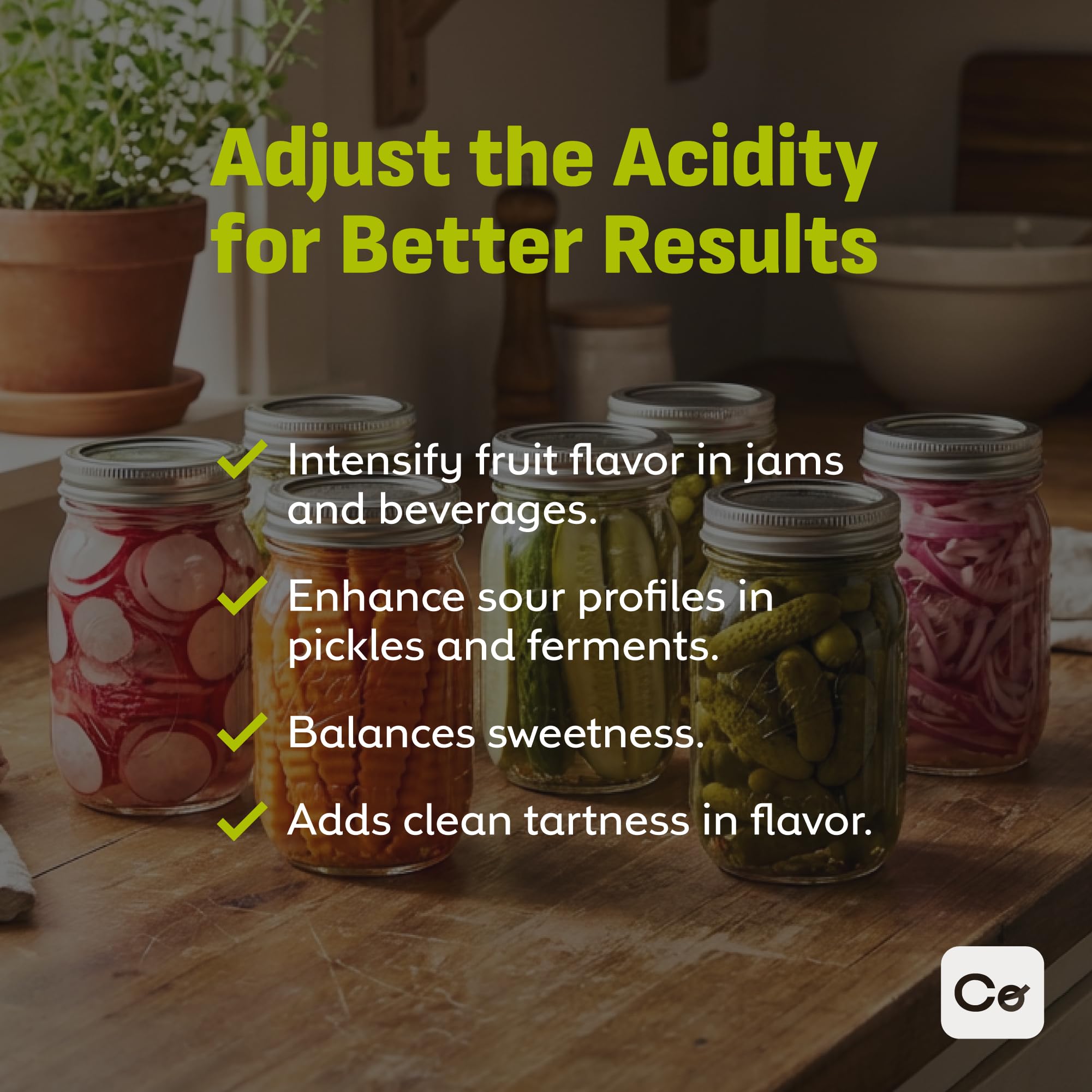 Coolinario Malic Acid Powder pickles view suggests balanced brine and tangy flavor.