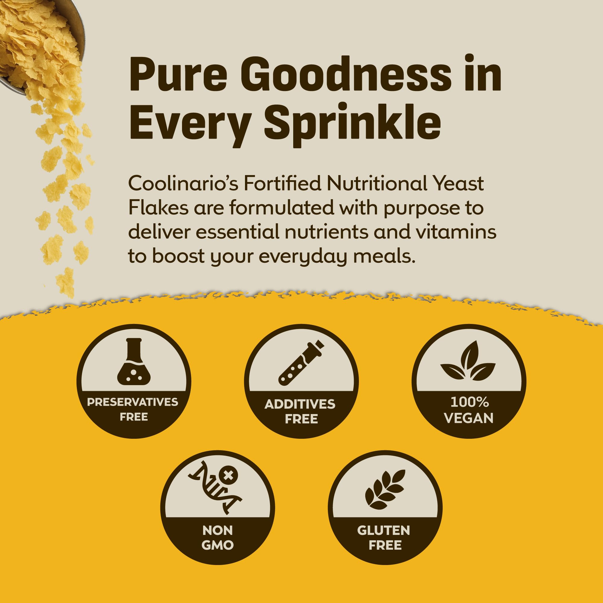 Coolinario Nutritional Yeast Flakes closeup texture shows light, flaky grains